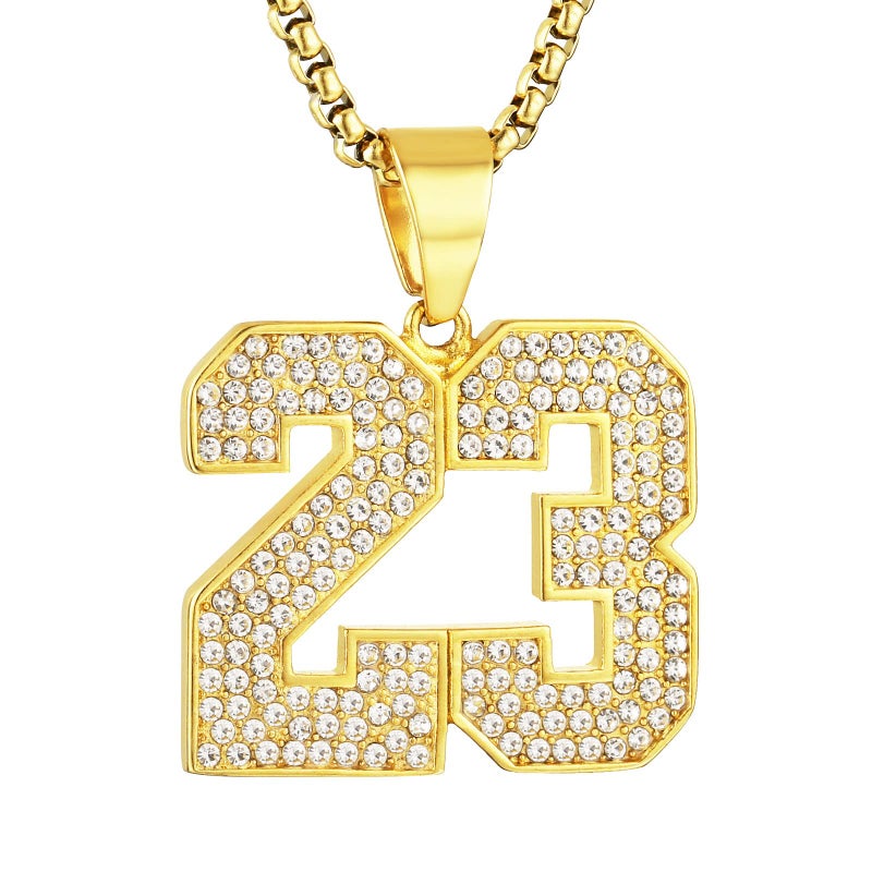AsAlways 18K Gold Plated Cubic Zirconia Number 23 Basketball Pendant Necklace Men Women Stainless Steel Box Link Chain 22+2 Inch (Golden 23) - Image 1